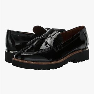 Franco Sarto Carolynn lug sole tassel loafers in black patent leather. 8.5. EUC